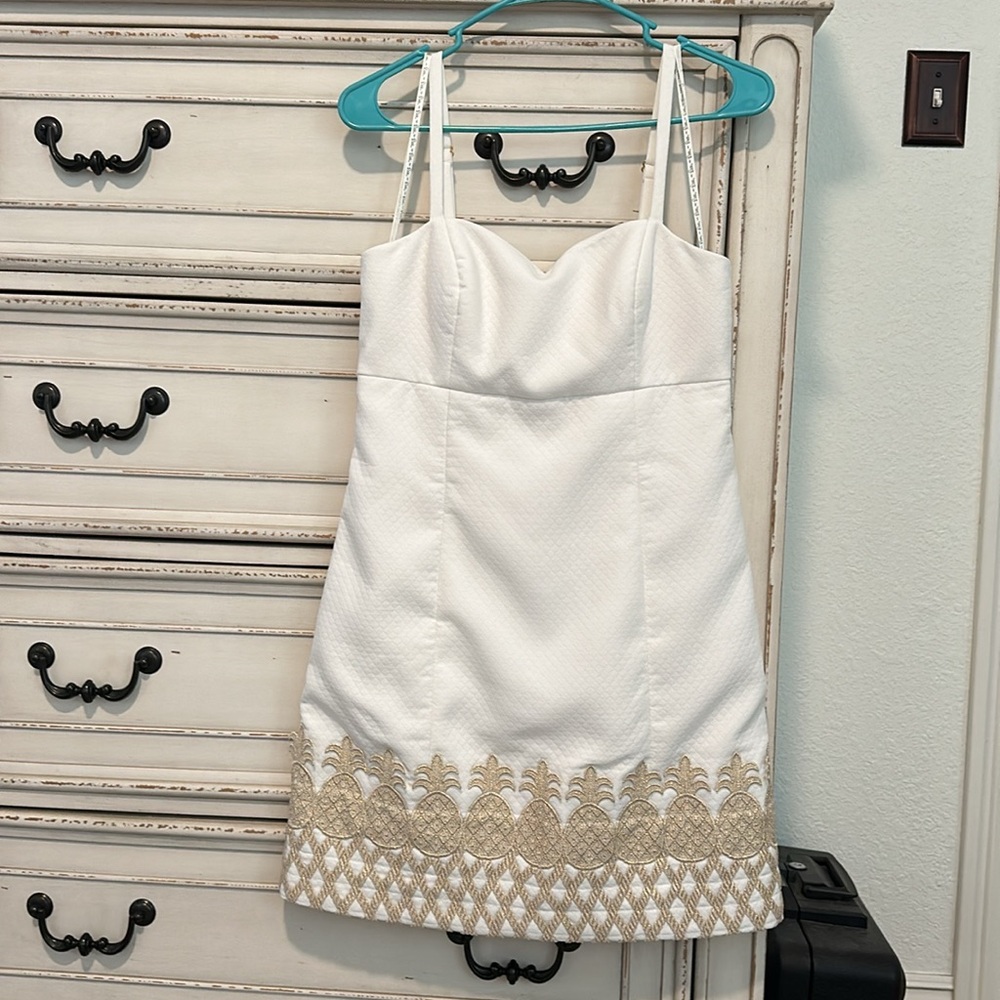 Lilly Pulitzer White Dress with Gold Embroidered Hem